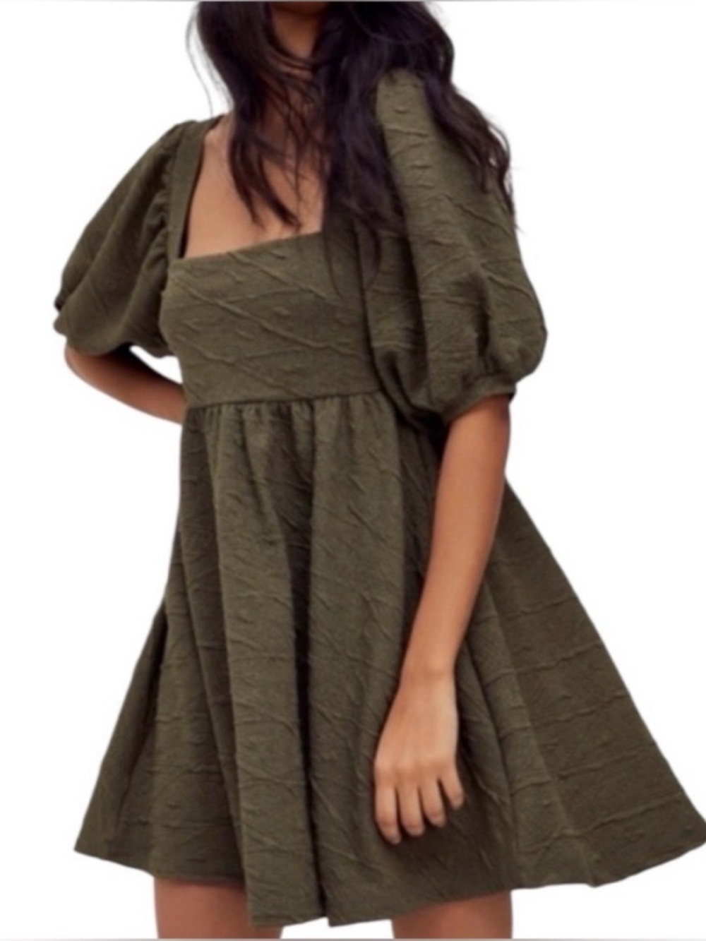 Free People Olive Puff-Sleeve Square-Neck Mini Dress